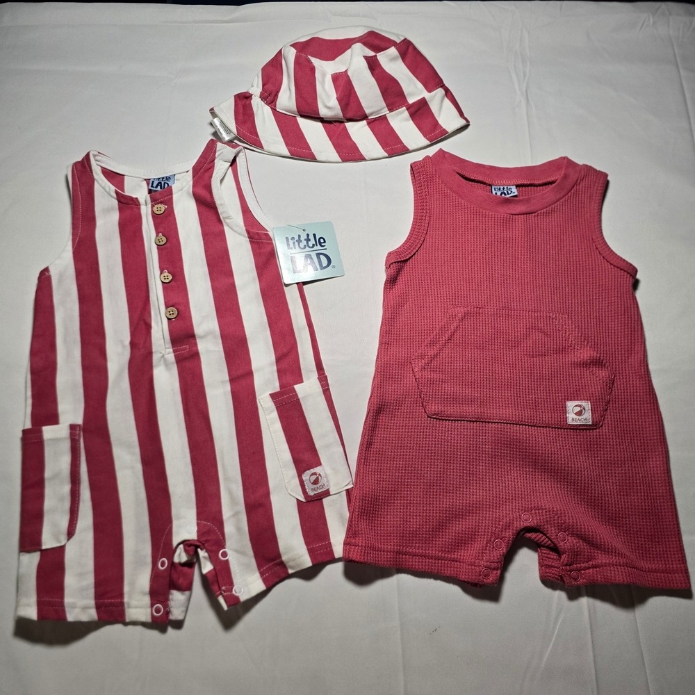 Little‎ Lad Kids baby boy 3pc 9-12m Romper Set Red Stripe Knit Bucket Hat NWT